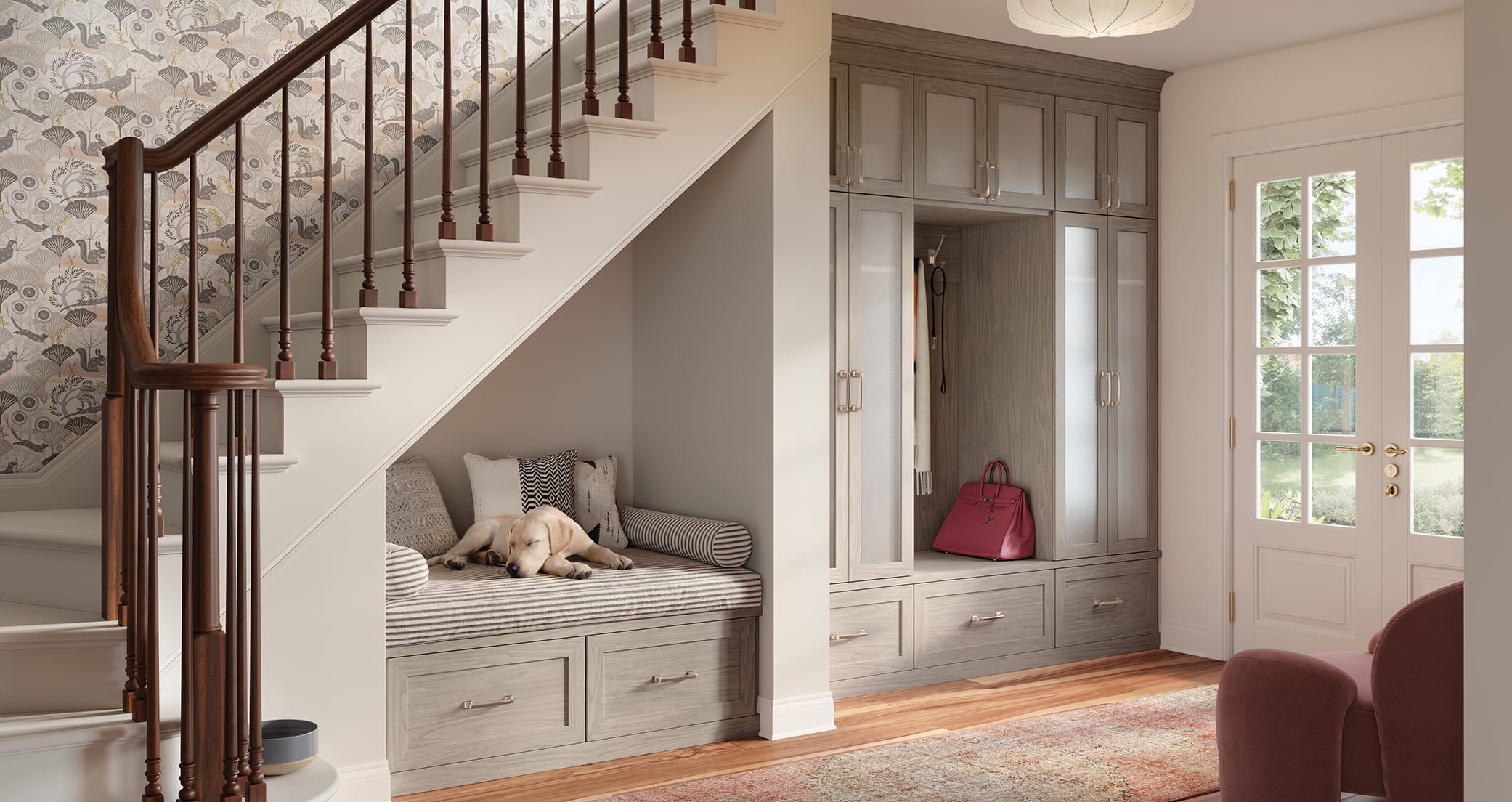 Entrway design with mudroom features, bench for pets or changing and custom cabinets created by California Closets