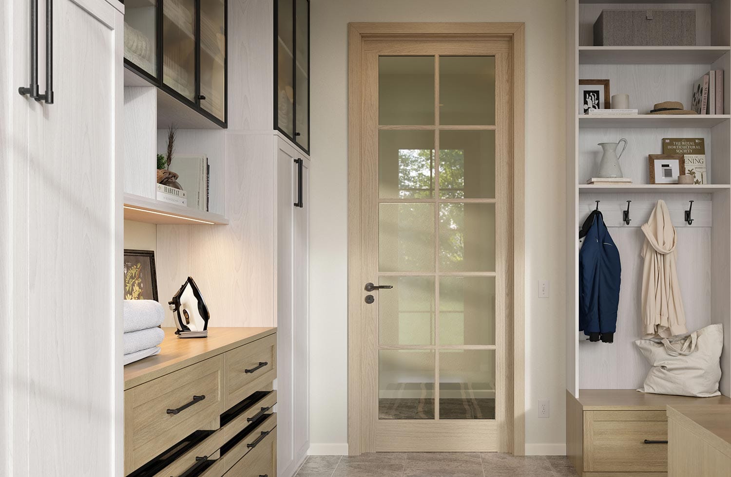 Entryway storage with laundry room and extra cabinets from California Closets