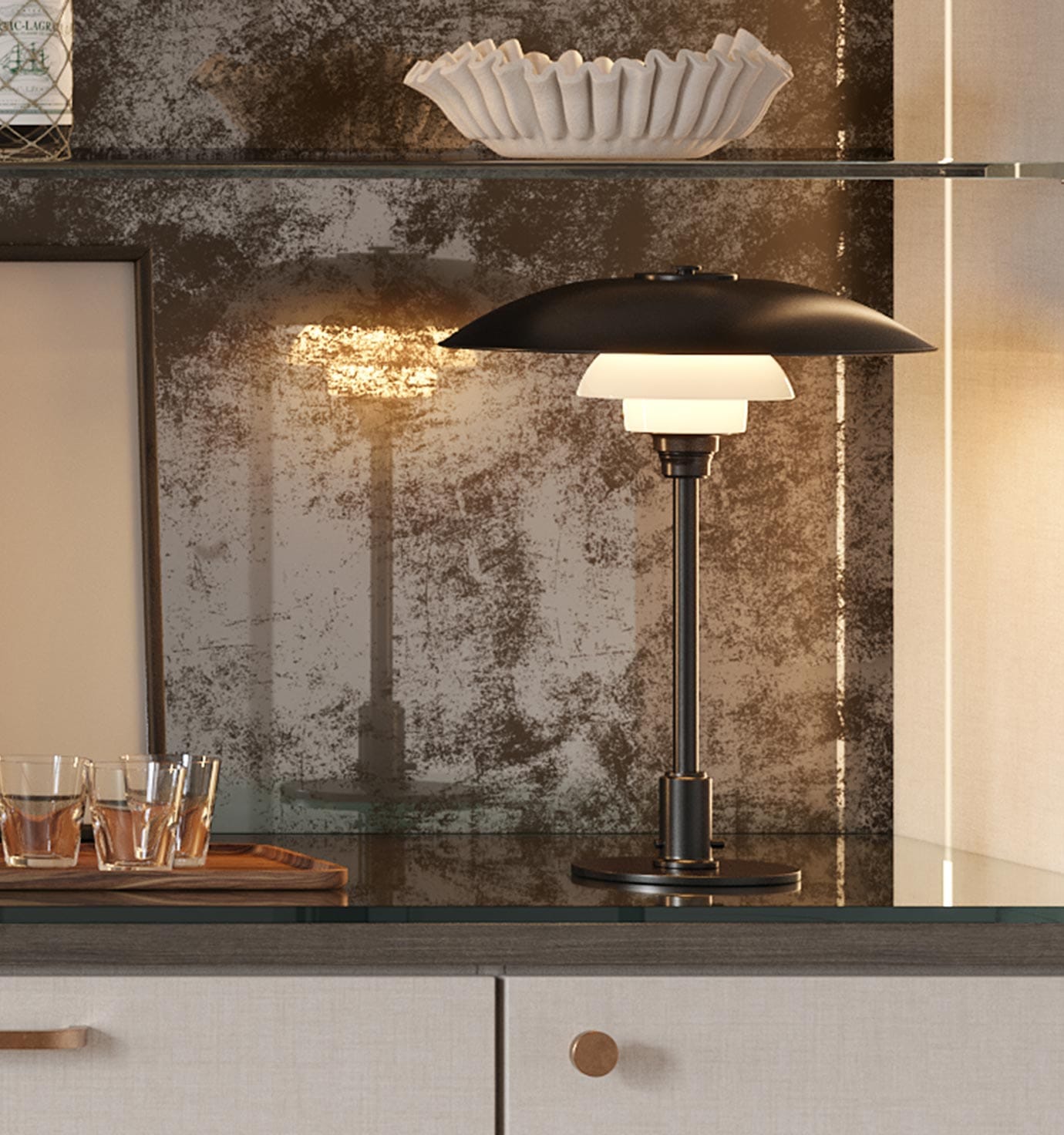 Customized home bar design with a back glass panel and glass shelving by California Closets