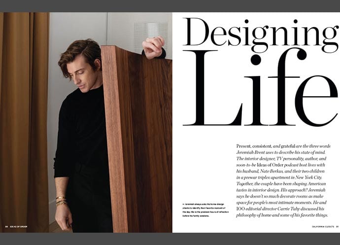 Magazine feature with Jeremiah Brent discussing home design, family, and personal philosophy alongside a large wooden panel