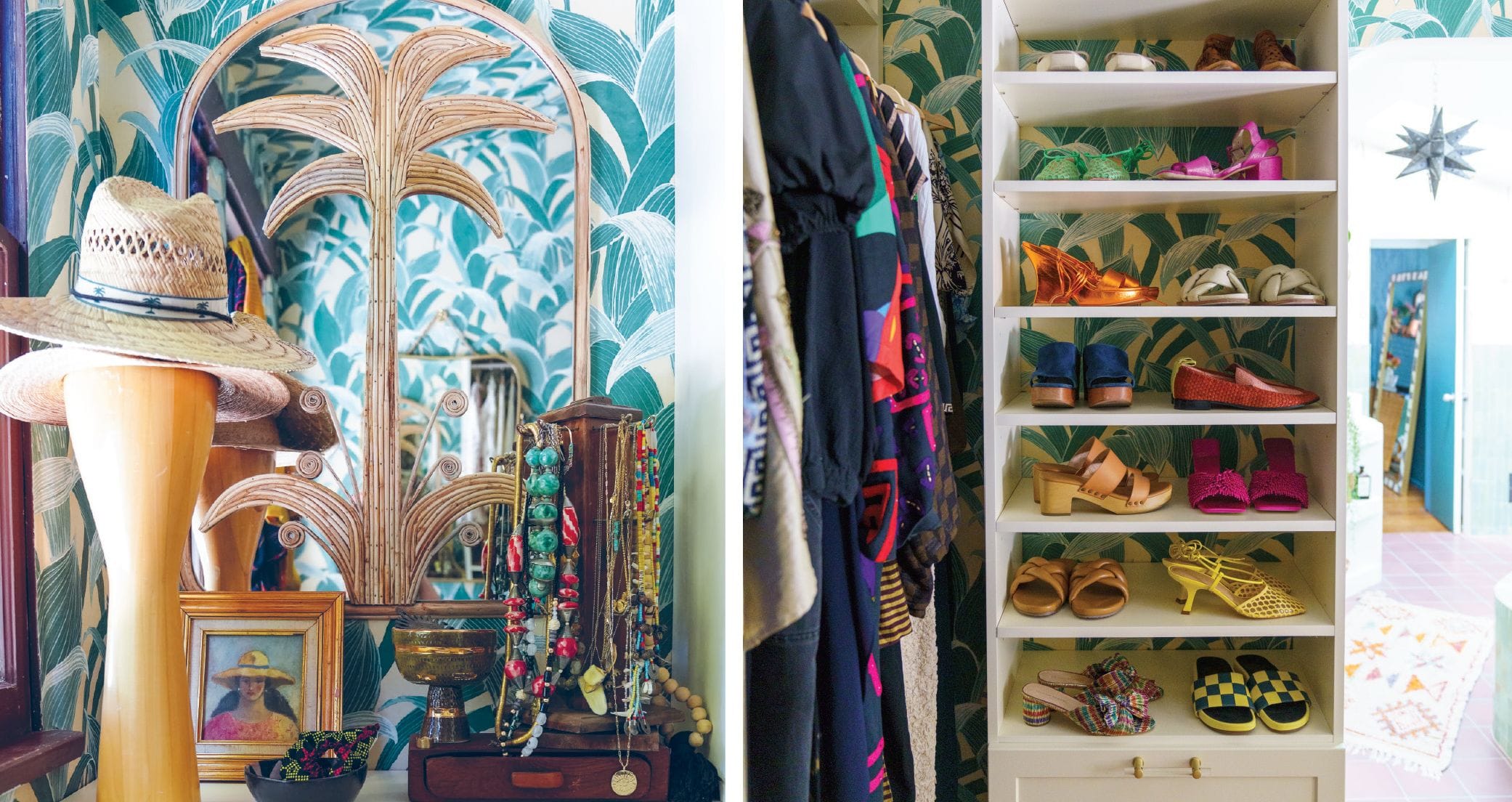 Jungle-themed wallpaper adds a glamorous Beverly Hills Hotel energy to Justina’s expansive walk-in closet in Ideas of Order Magazine